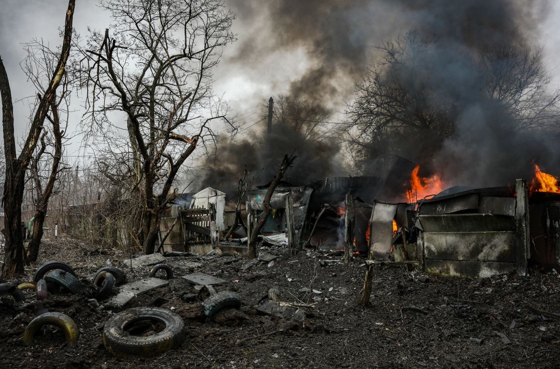 Garages are pictured on fire after missile strike on February 2, 2023 in Kramatorsk, Ukraine.