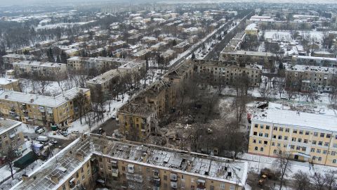 An aerial view of an apartment building hit by a Russian rocket in Kramatorsk, Ukraine, Thursday.