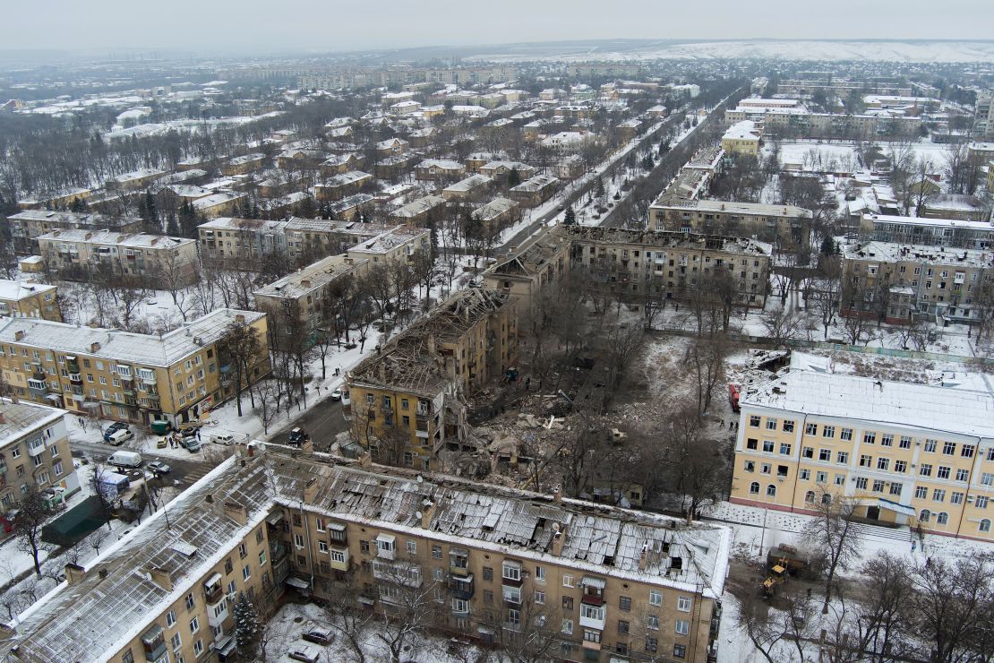 An aerial view of an apartment building hit by a Russian rocket in Kramatorsk, Ukraine, Thursday.