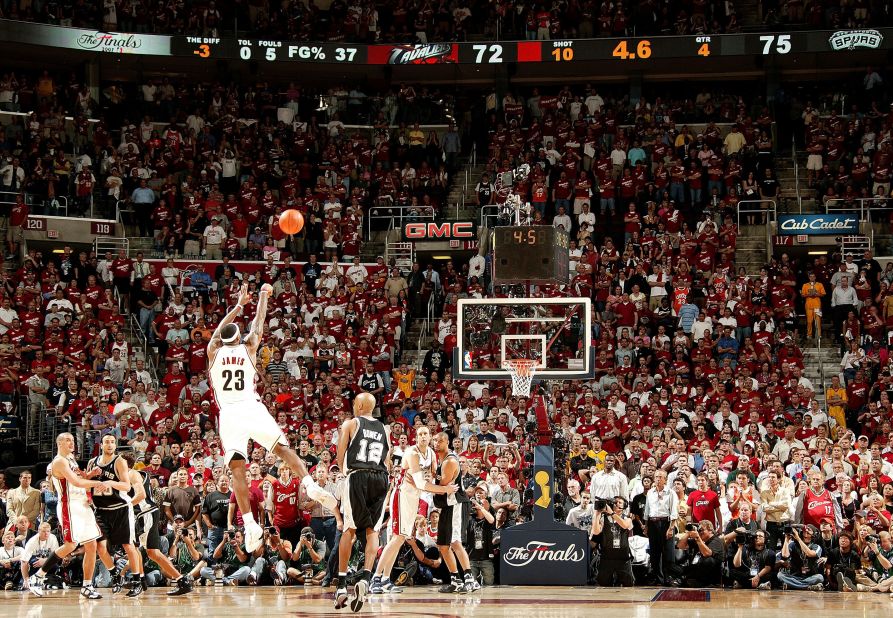 James misses a potential game-tying 3-pointer in Game 3 of the 2007 NBA Finals. James' Cavaliers were swept by the San Antonio Spurs.