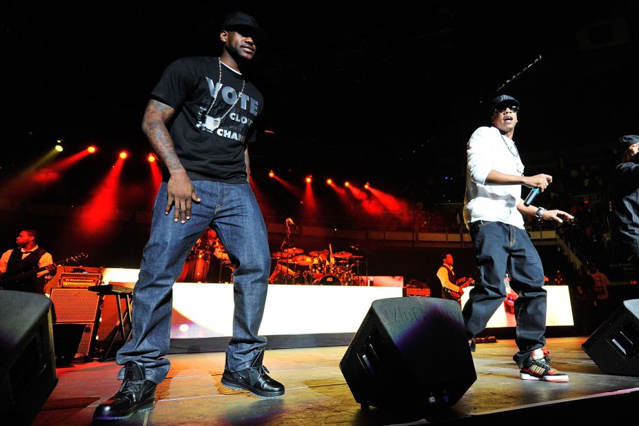 James appears on stage with rapper Jay-Z during a Cleveland concert for presidential candidate Barack Obama in October 2008.