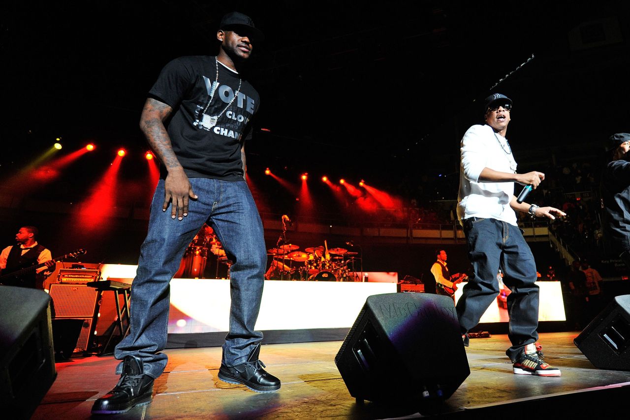 James appears on stage with rapper Jay-Z during a Cleveland concert for presidential candidate Barack Obama in October 2008.