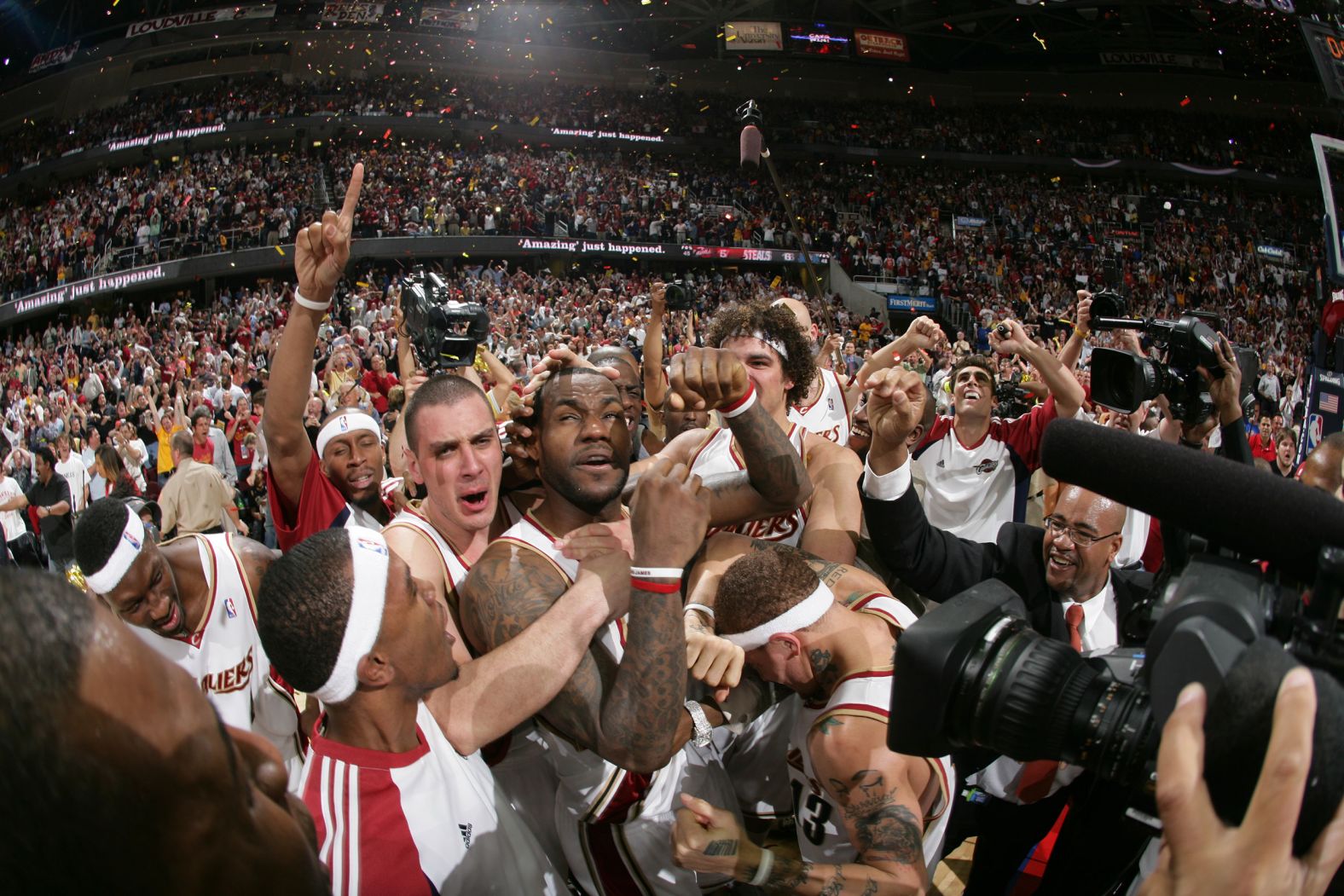 James celebrates after hitting a game-winning shot to win a playoff game against Orlando in May 2009.