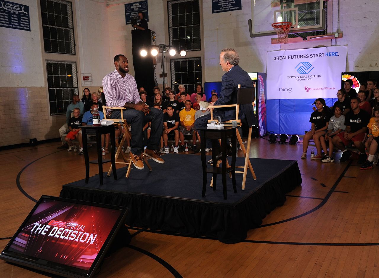 In July 2010, James speaks with ESPN's Jim Gray at the Boys & Girls Club in Greenwich, Connecticut. It was there that he announced, live on an ESPN program called "The Decision," that he would be leaving Cleveland to play for the Miami Heat. "I'm going to take my talents to South Beach," said James, who was a free agent. The show raised millions of dollars for the Boys & Girls Club, but James' decision to leave Cleveland — and announce it live on national television — was criticized by many.