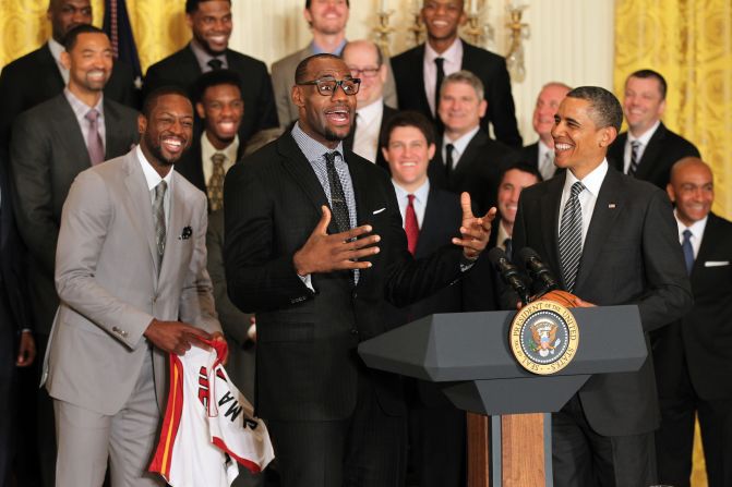 James describes his excitement as the Heat visit the White House in January 2013: "We're in the White House right now, which is like 'Mama, I made it.'"