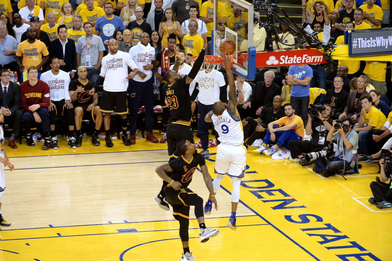 James runs down Golden State's Andre Iguodala on a play in the 2016 NBA Finals that became known simply as "The Block." The defensive play, late in Game 7, helped lift the Cavaliers past the Warriors in what was a rematch from the year before.