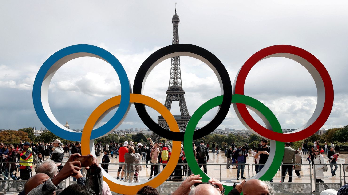 Olympic rings seen in front of the Eiffel Tower to celebrate the IOC official announcement that Paris will host the 2024 Olympics.