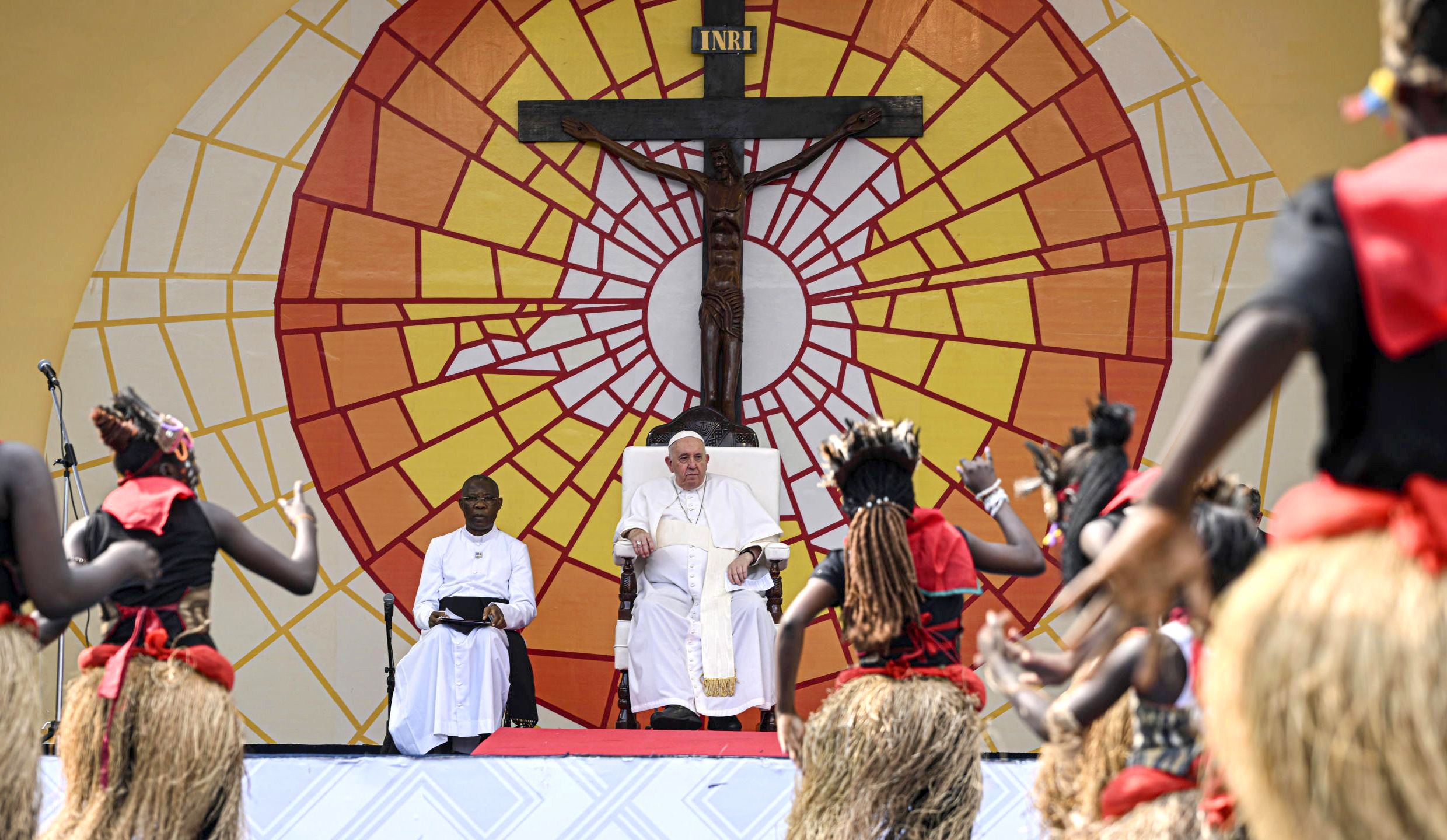 Pope Francis watches a welcome ceremony at the Martyrs' stadium in Kinshasa on February 2.