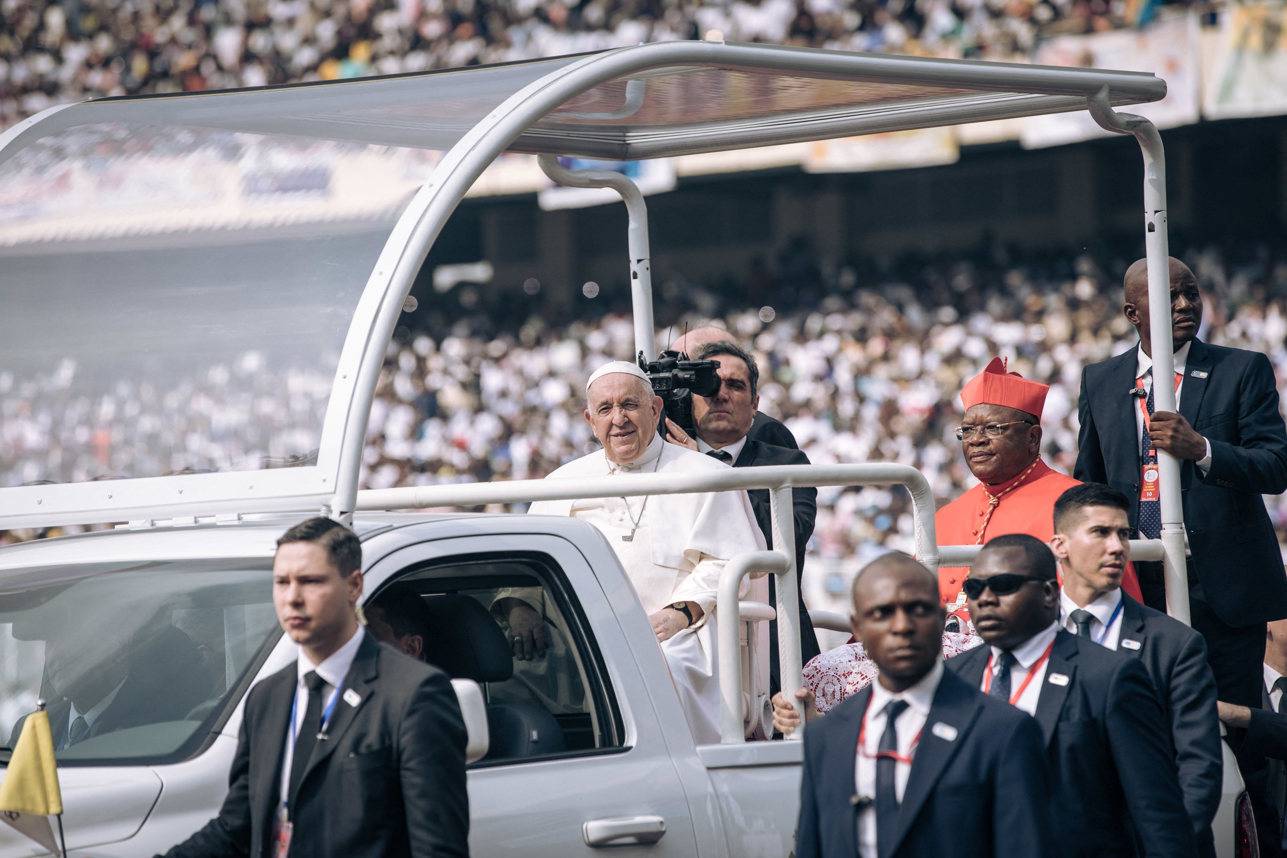 Pope Francis arrives at Martyrs' Stadium in Kinshasa on February 2.