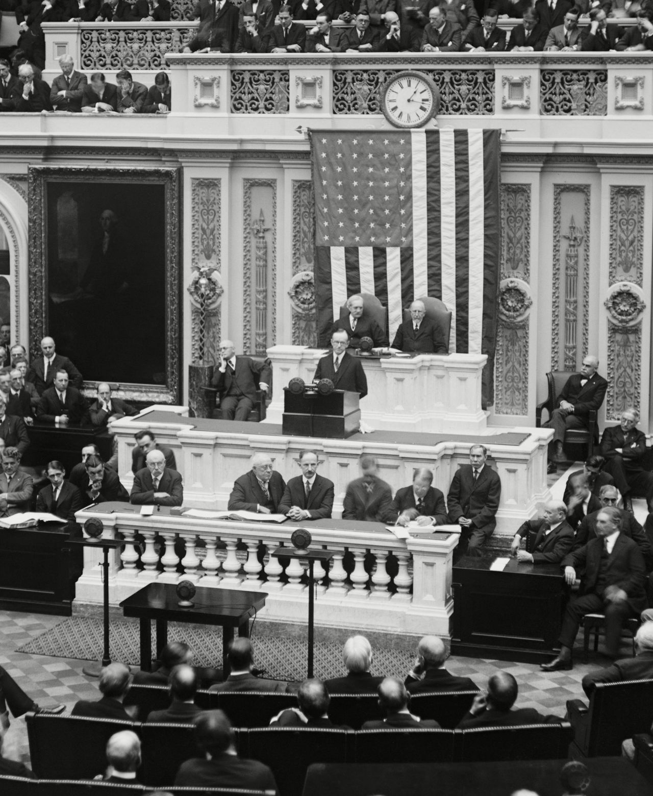 President Calvin Coolidge delivers his first annual message to Congress in 1923. Coolidge's address was the first to be broadcast to the nation via radio.