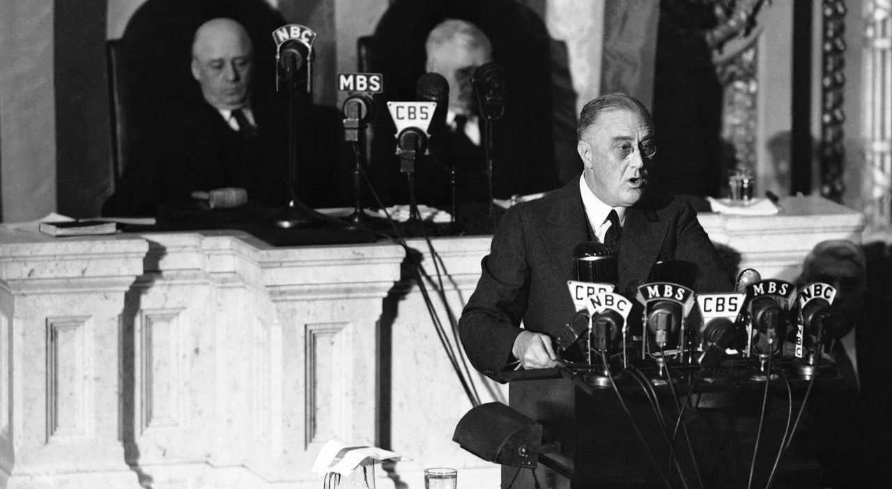 President Franklin D. Roosevelet delivers what came to be known as the "Four Freedoms" speech in 1941. In the message, he proposed four fundamental freedoms that people "everywhere in the world" should have: freedom of speech, freedom of worship, freedom from want and freedom from fear. 