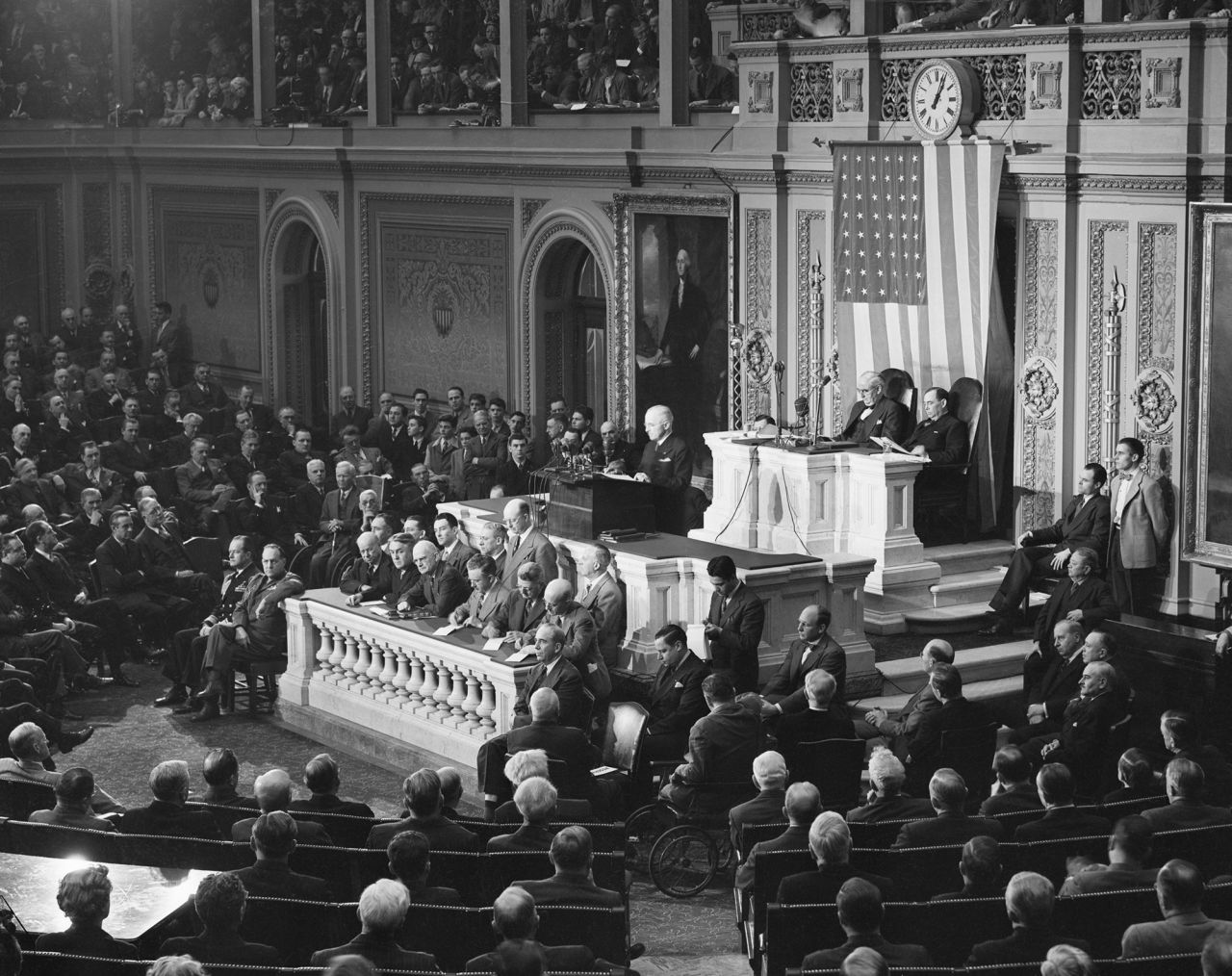 President Harry Truman delivers his annual message in Washington in 1947. Truman's address was the first to be broadcast on television, and it was the first year the message was officially known as the State of the Union address.