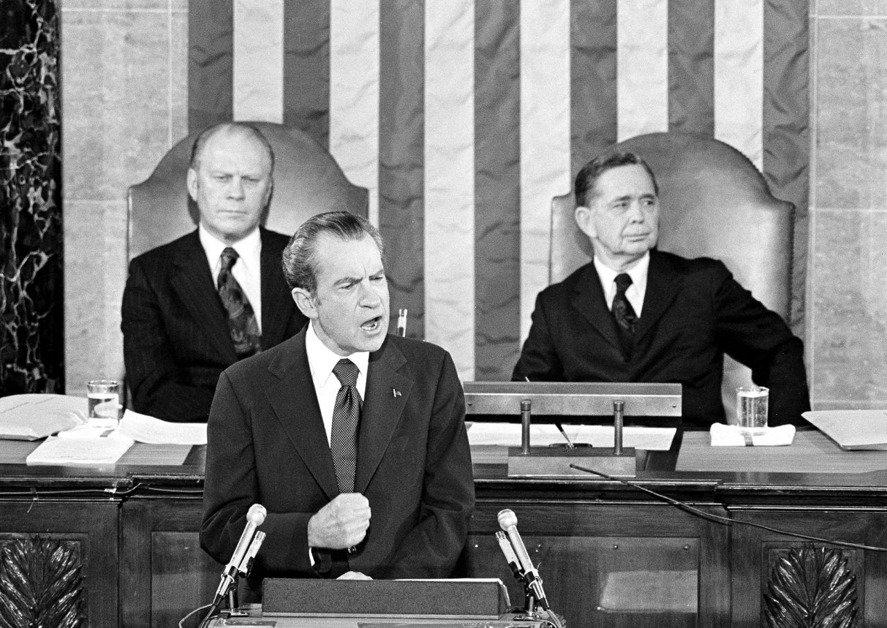 President Richard Nixon, flanked by Vice President Gerald Ford and House Speaker Carl Albert, gives his annual message on January 30, 1974. Nixon famously called for an end to the Watergate investigation during the speech. Seven months later, he resigned because of the scandal.