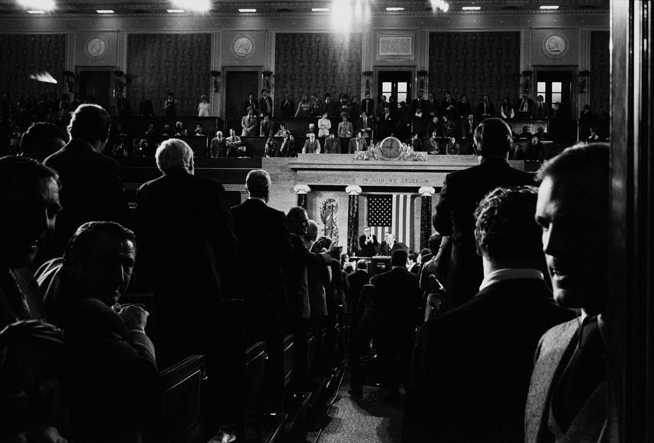 President Gerald Ford waits for the crowd to settle before starting his 1976 State of the Union address. 