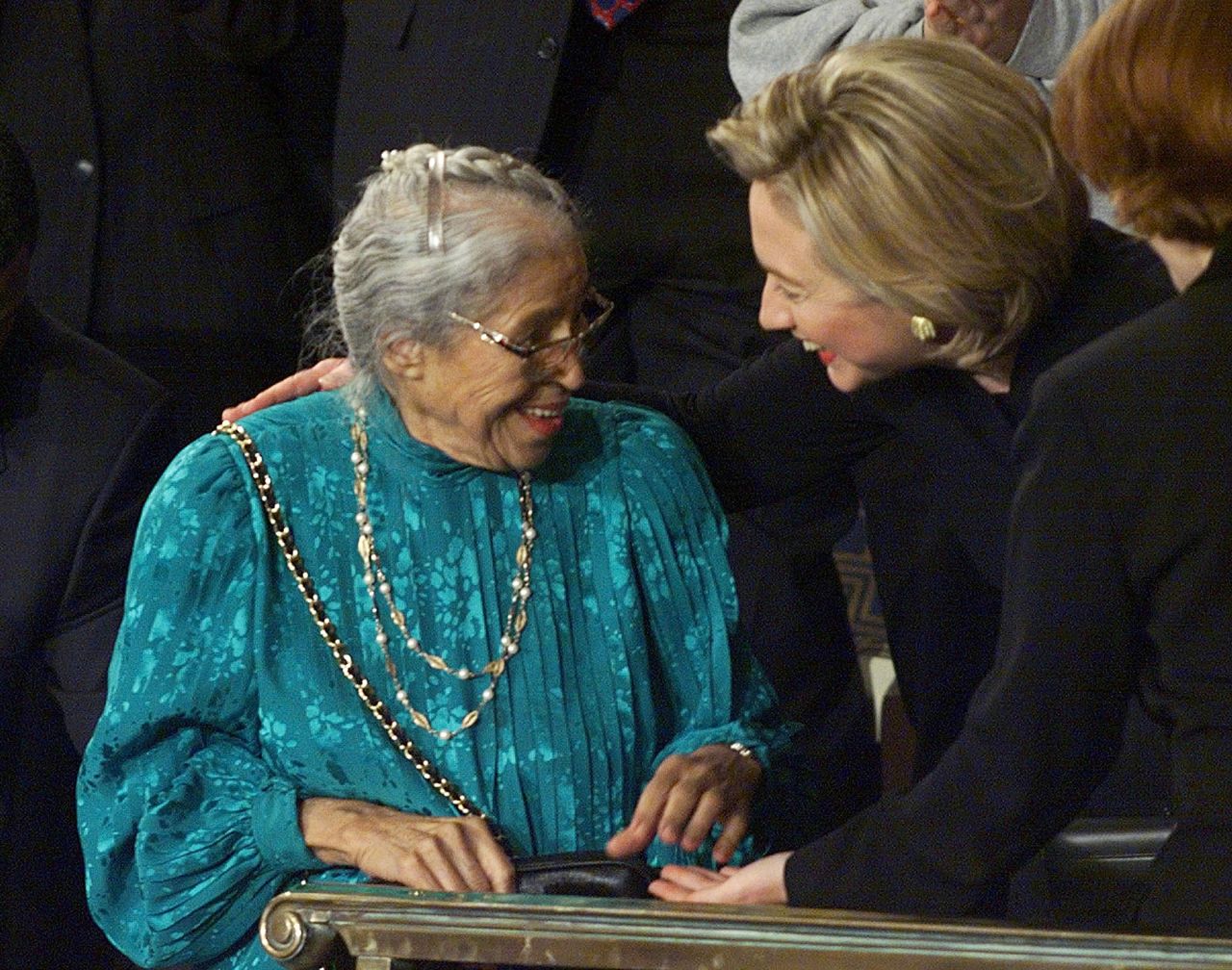 Hillary Clinton greets civil rights pioneer <a href="https://www.cnn.com/2020/12/01/us/rosa-parks-anniversary-2020-trnd/index.html" target="_blank">Rosa Parks</a> during President Clinton's 1999 State of the Union address.