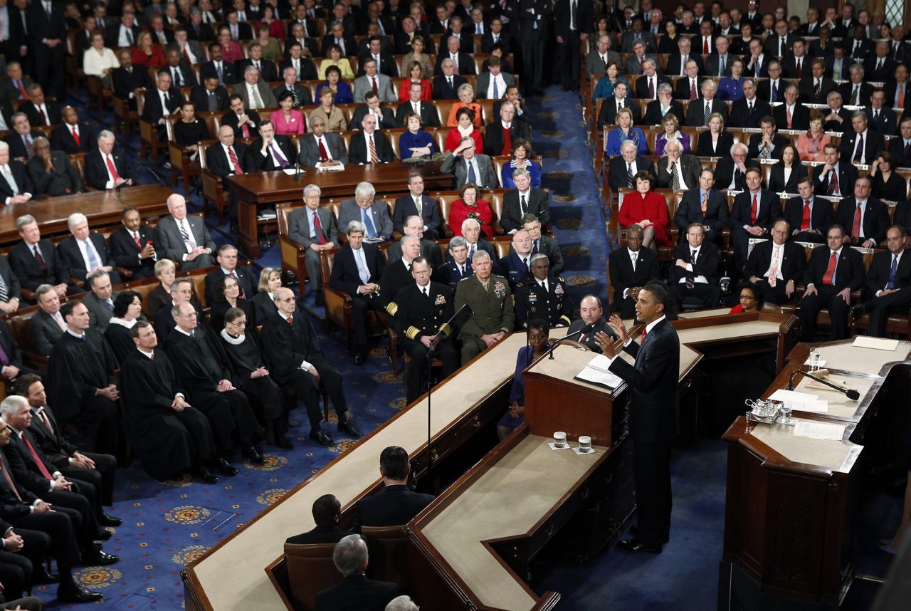 President <a href="https://www.cnn.com/specials/barack-obama" target="_blank">Barack Obama </a>delivers his first State of the Union address in 2010. Supreme Court Justice Samuel Alito, seen with other justices in the audience on the left, shook his head in disagreement and reportedly mouthed "not true" after Obama criticized the Supreme Court's decision in Citizens United v. FEC.