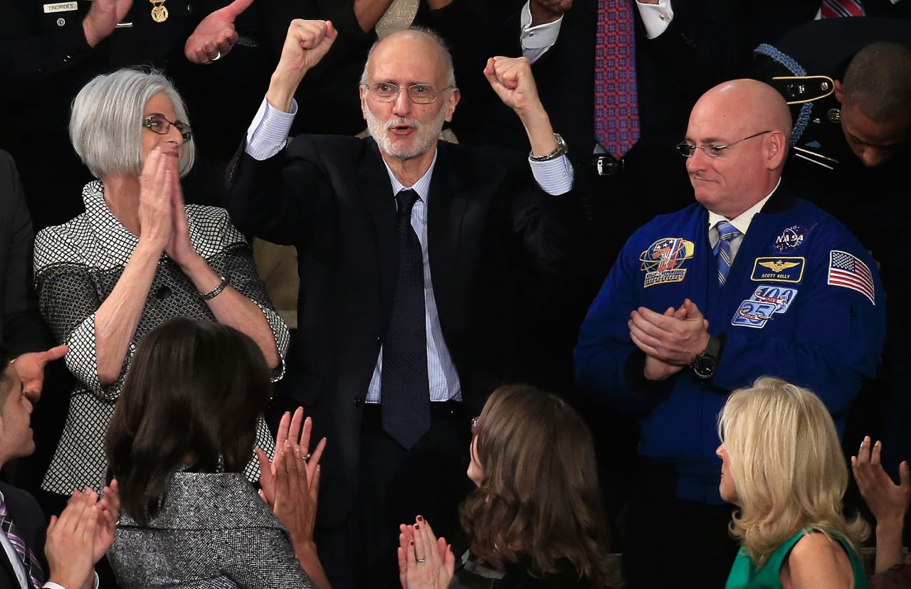 <a href="https://www.cnn.com/2013/07/04/world/detained-americans-fast-facts/index.html" target="_blank">Alan Gross</a> pumps his fists after being recognized by Obama during his 2015 State of the Union. Gross was arrested and held in prison in Cuba for six years. He was released in December 2014 in exchange for the release and return of three Cubans convicted of espionage.