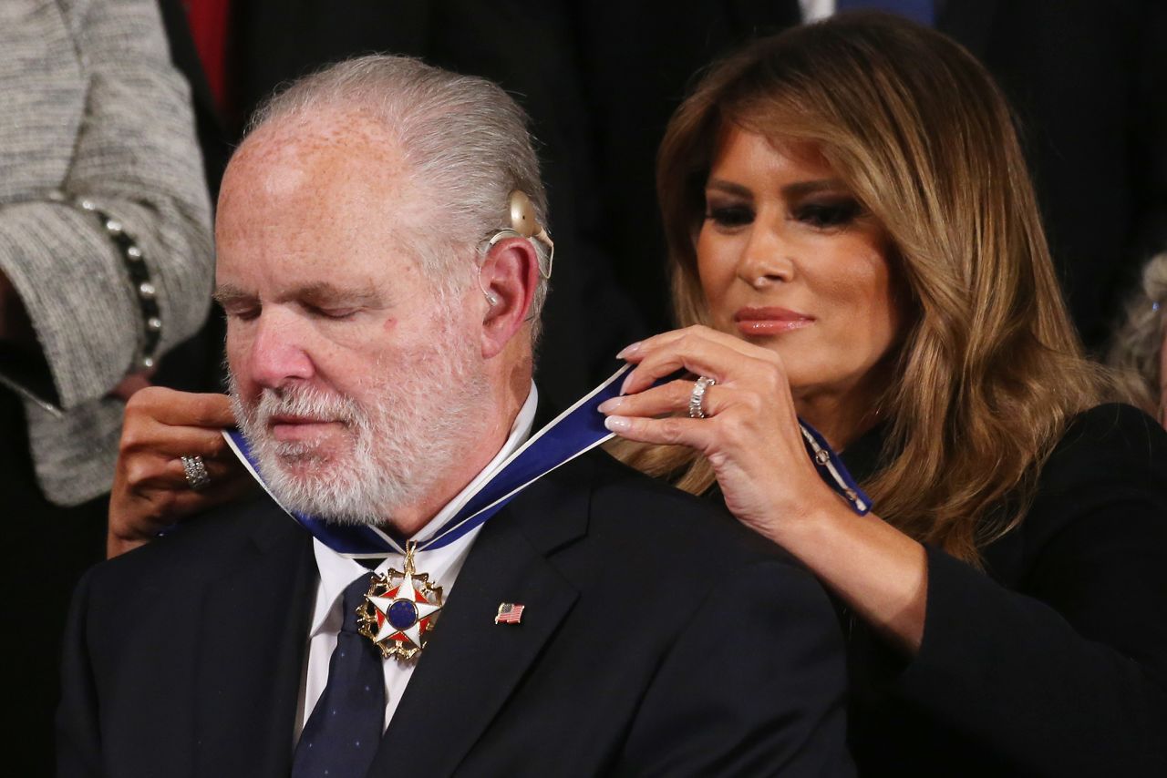 First lady Melania Trump gives conservative media icon <a href="https://www.cnn.com/2021/02/17/media/rush-limbaugh-obituary/index.html" target="_blank">Rush Limbaugh</a> the Presidential Medal of Freedom during President Donald Trump's annual address in 2020, a day after Limbaugh announced he had been diagnosed with advanced cancer. The decision to award Limbaugh the medal ignited fury among those who pointed to the radio host's divisive rhetoric and inflammatory comments.