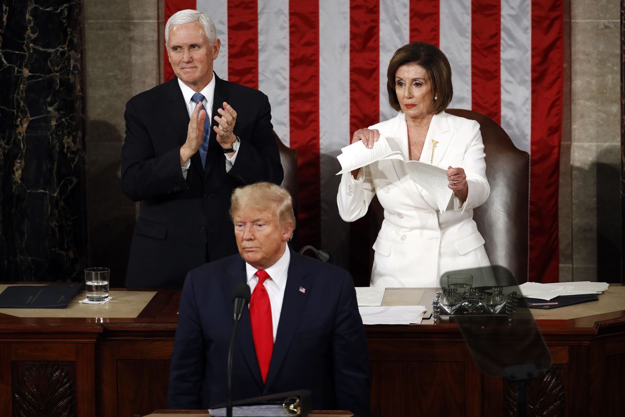 House Speaker Nancy Pelosi rips her copy of Trump's 2020 speech in half, encapsulating the toxic relationship between the Republican president and the Democratic speaker. The House had <a href="https://www.cnn.com/2019/11/13/politics/trump-impeachment-key-moments/index.html" target="_blank">recently impeached Trump</a> for his conduct regarding Ukraine, though he would be acquitted by the GOP-led Senate the next day.