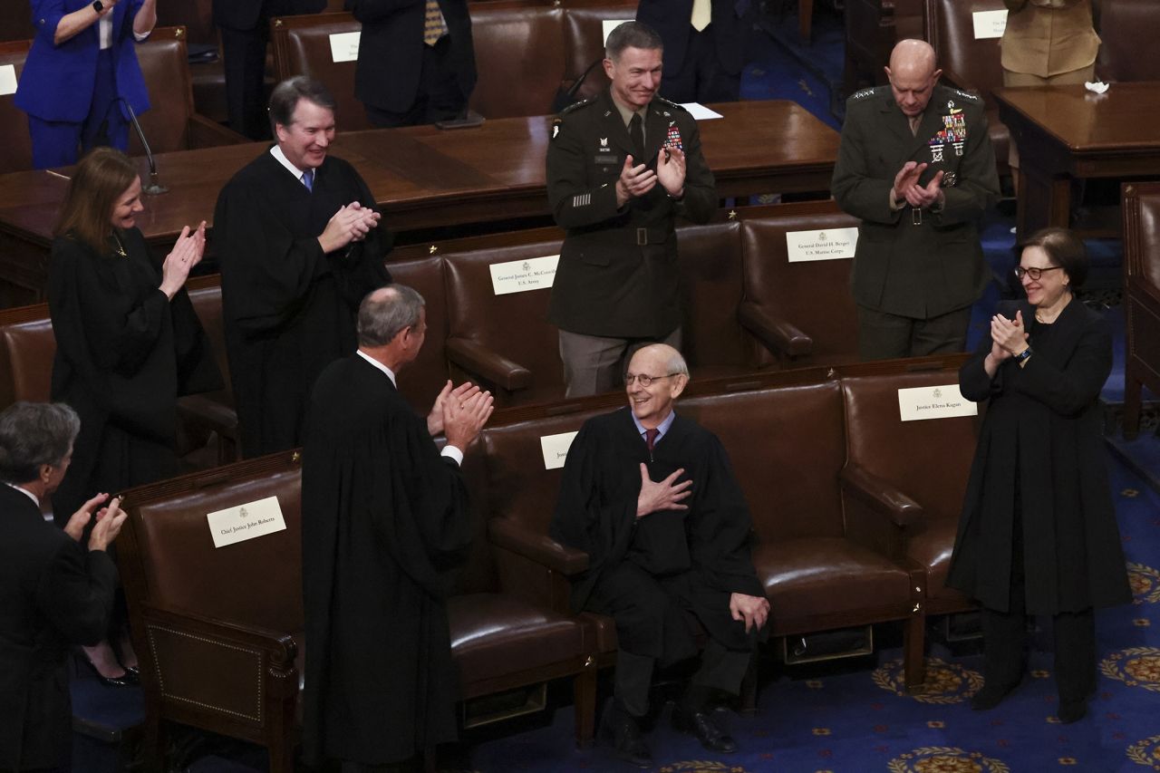 Supreme Court Justice <a href="https://www.cnn.com/2021/04/13/politics/gallery/stephen-breyer/index.html" target="_blank">Stephen Breyer,</a> who had recently announced his upcoming retirement, reacts while being applauded during the 2022 State of the Union address. Breyer served on the court from August 1994 to June 2022.