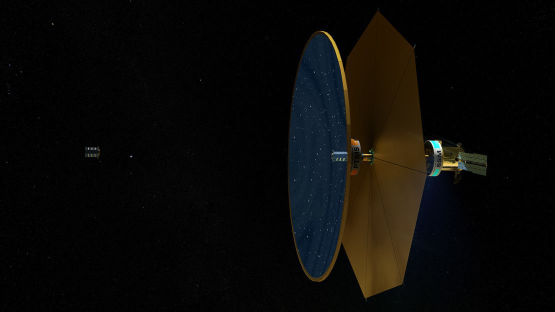 A telescope filled with fluid (right) and an instrumentation spacecraft (left) would work together to spy on invisible aspects of the universe.