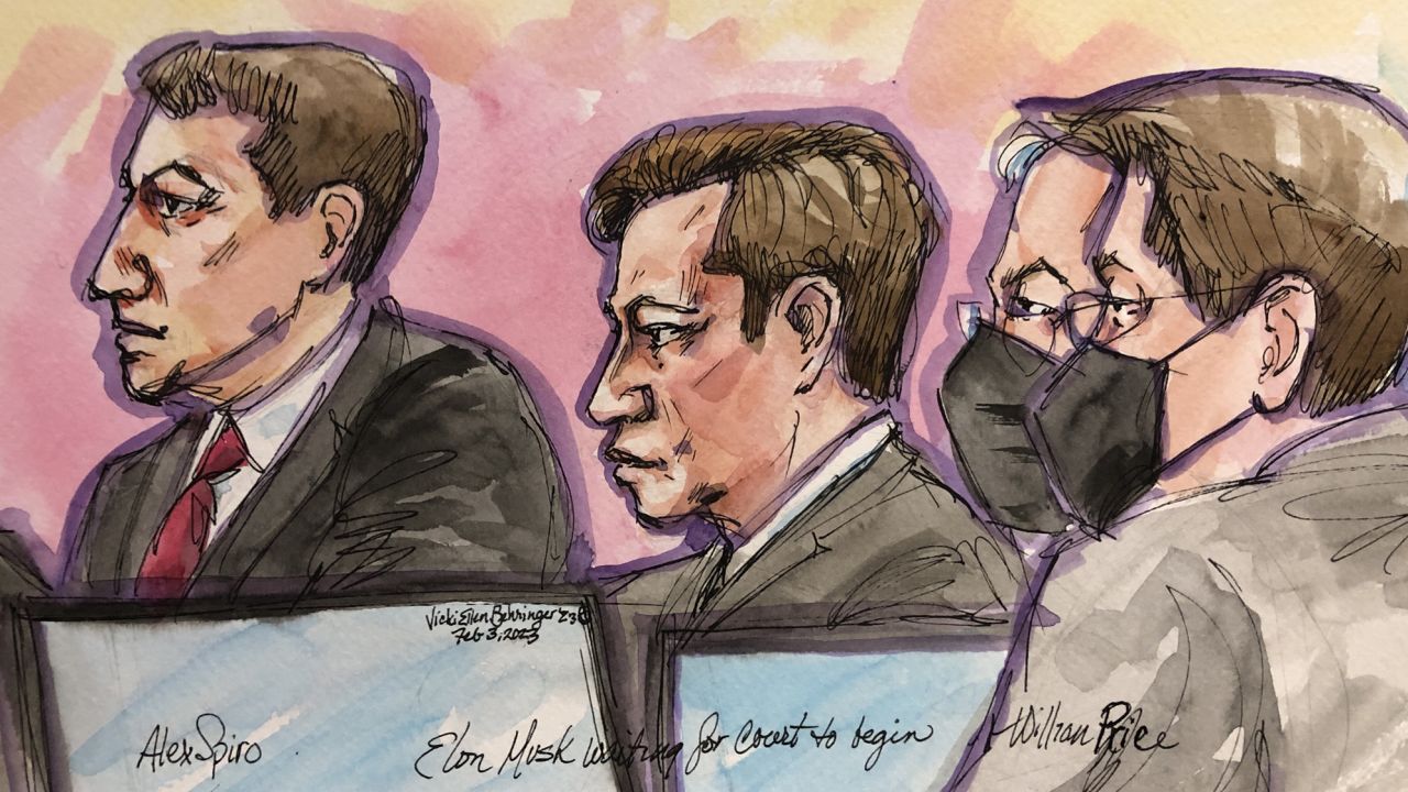 Elon Musk waiting for Court to begin in a California courtroom during the Tesla shareholder lawsuit trial on February 3.