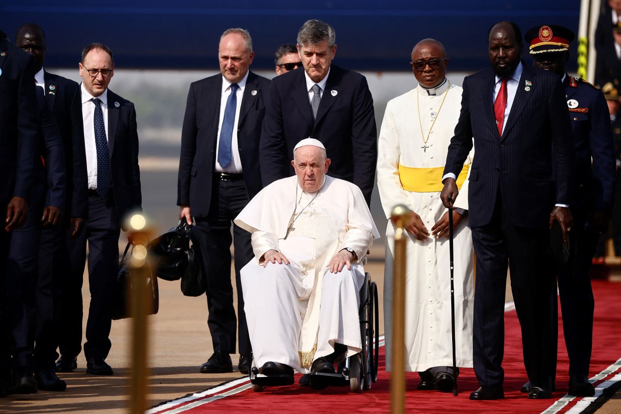 Pope Francis disembarks at Juba International Airport during his apostolic journey to Juba, South Sudan, on February 3.