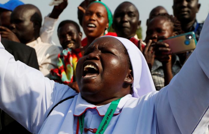A nun reacts as she welcomes Pope Francis during his visit to Juba, South Sudan.