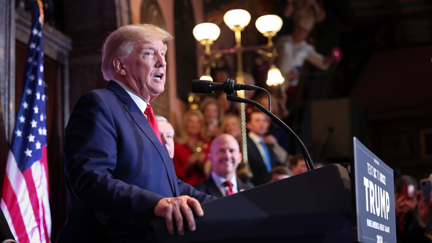 Former President Donald Trump delivers remarks at the South Carolina State House in Columbia on January 28, 2023.