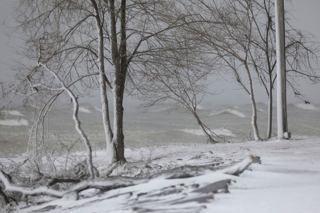 An icy sheen along the shore of Lake Ontario in Webster, New York, during the cold blast on Friday.