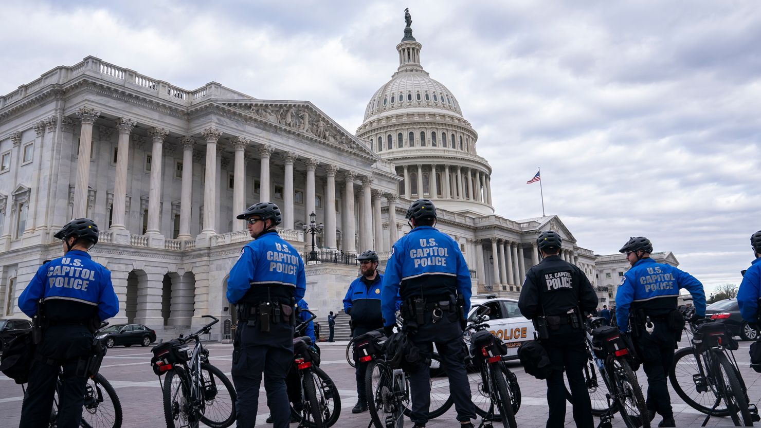US Capitol police officers guard the perimeter of the Capitol on January 6, 2023, in Washington, DC. 