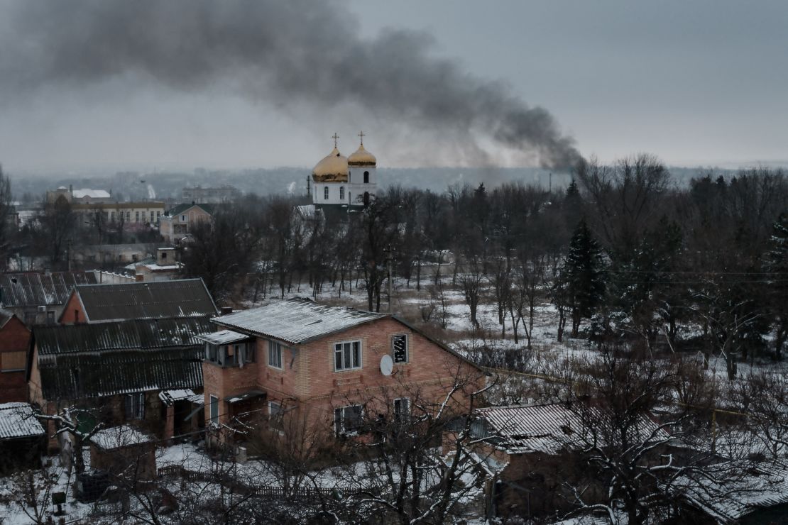 Black smoke rises after shelling in Bakhmut amid the Russian invasion of Ukraine.  February 3, 2023.