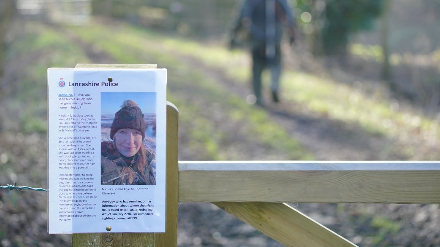 A missing person notice for Nicola Bulley attached to a gate in St Michael's on Wyre, Lancashire.