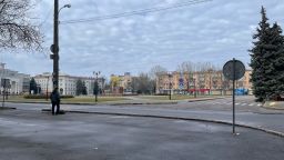 Deserted Freedom Square where people celebrated when Russia was driven out of Kherson, Ukraine.