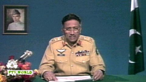 Former Pakistani leader Pervez Musharraf addresses the nation on state television after seizing power in a military coup in 1999. 
