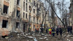 Rescuers work at a site of a residential building damaged by a Russian missile strike, amid Russia's attack on Ukraine, in central Kharkiv, Ukraine February 5, 2023. REUTERS/Vitalii Hnidyi
