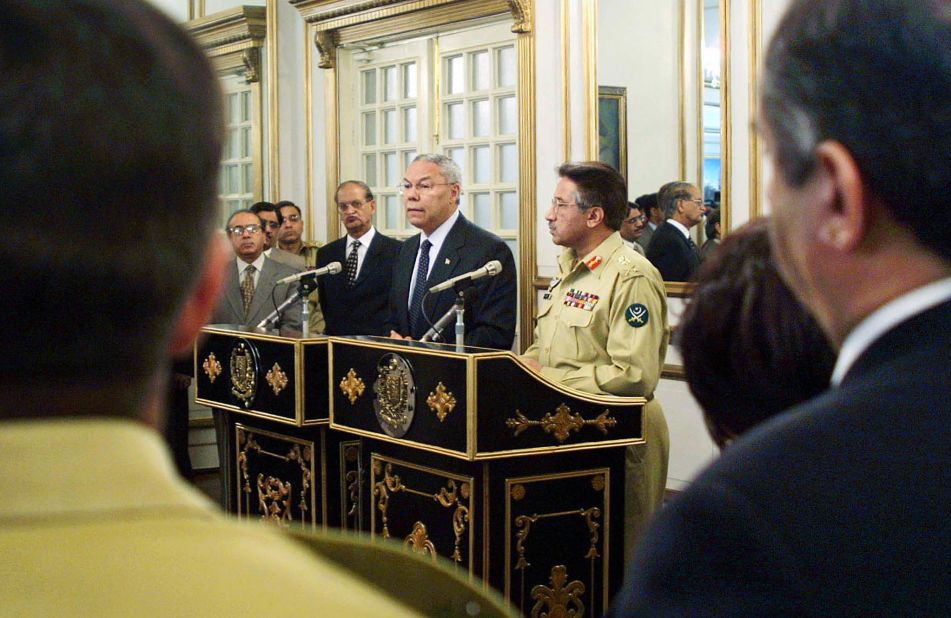 US Secretary of State Colin Powell appears at an Islamabad news conference with Musharraf in October 2001.