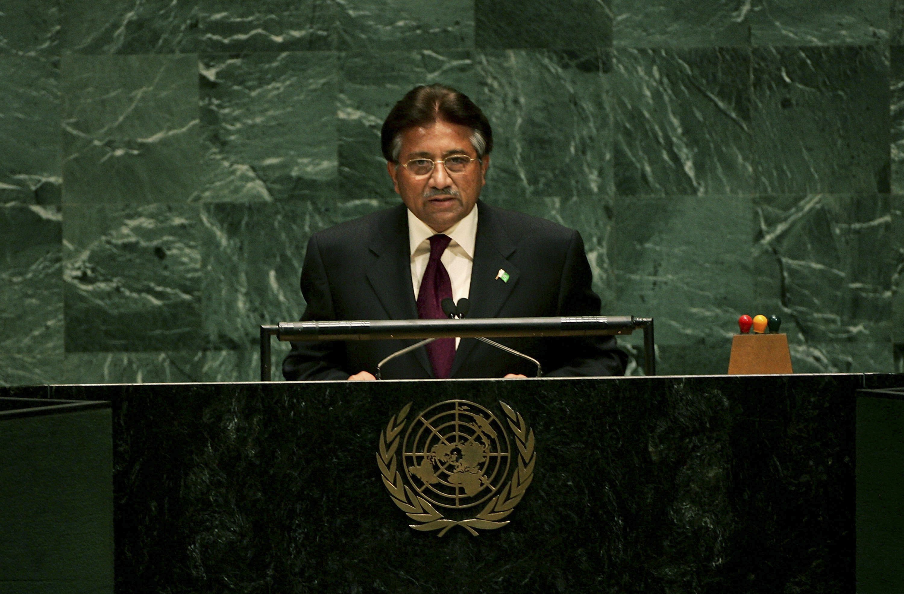 Musharraf addresses the United Nations General Assembly in February 2006.