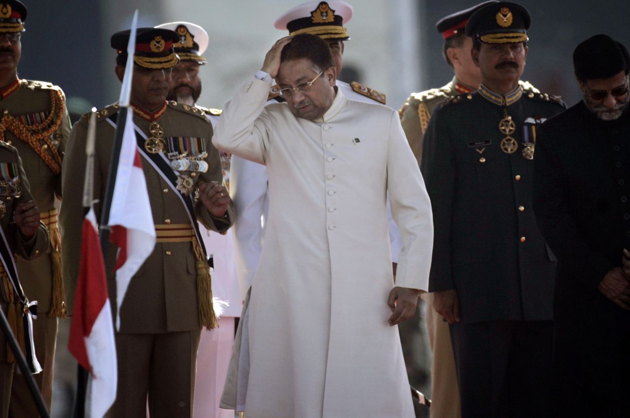 Musharraf attends the Pakistan National Day parade in March 2008. In November 2007, he declared a state of emergency, suspended Pakistan's constitution, replaced the chief judge and blacked out independent TV outlets.