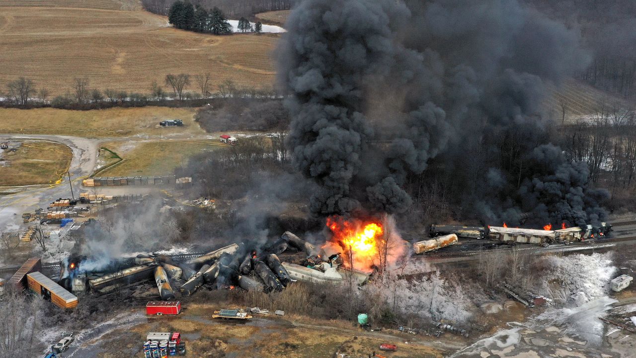 A Norfolk and Southern freight train that derailed Friday burns Saturday in East Palestine, Ohio.