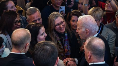 President Joe Biden greets supporters after speaking at the DNC winter meeting in Philadelphia on February 3, 2023. 