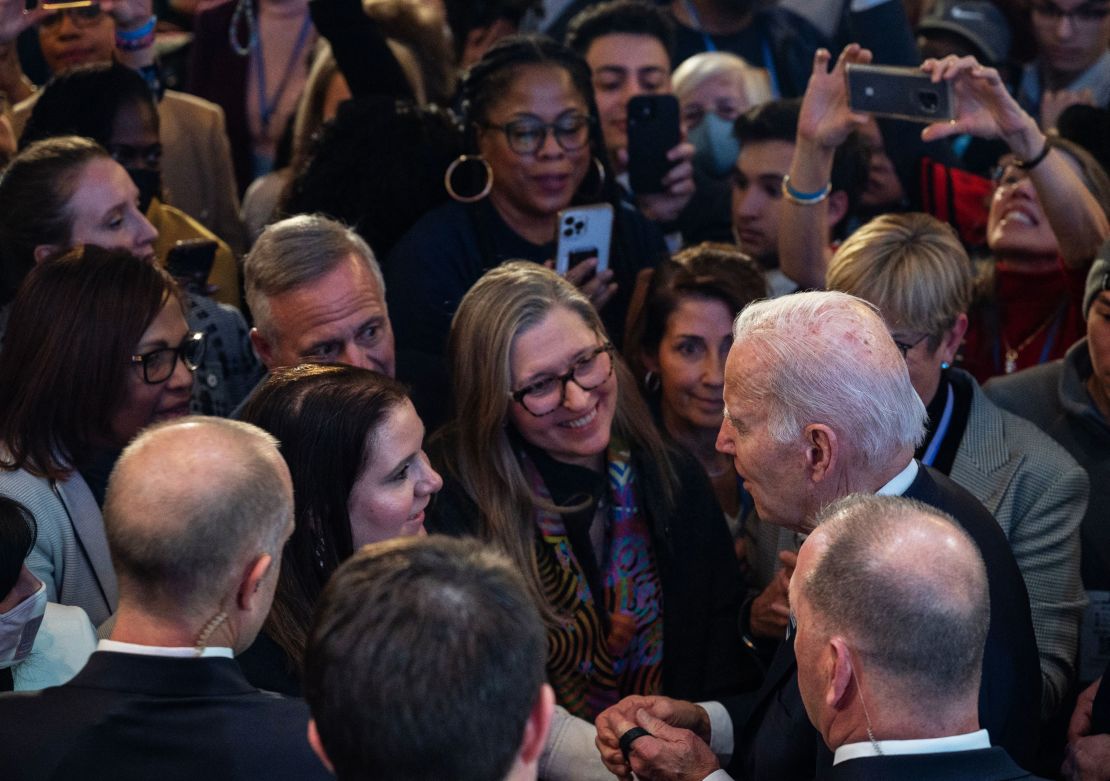 President Joe Biden greets supporters after speaking at the DNC winter meeting in Philadelphia on February 3, 2023. 