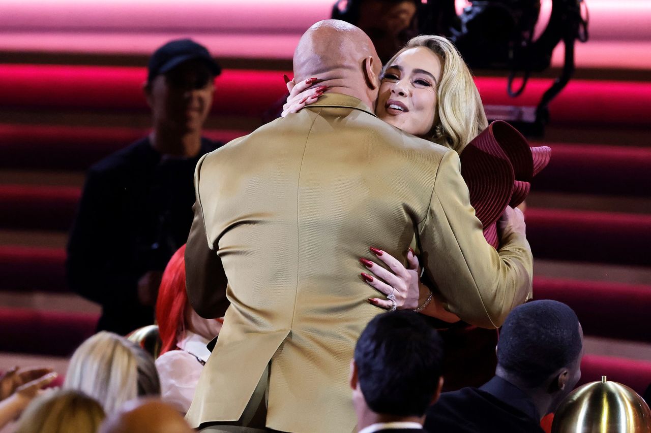 <a href="https://www.cnn.com/entertainment/live-news/grammy-awards-2023/h_ed900737b56adb69ea446876beee93dc" target="_blank">Adele meets actor Dwayne Johnson</a> during Noah's opening bit. The host said he made it a point to learn facts about the artists attending this year's show, and he noted that Adele is a fan of Johnson's but had never met him. Noah then announced that "The Rock" was here and introduced the two.