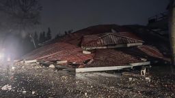 A view of a destroyed building in Turkey's Kahramanmaras province following the earthquake on February 6, 2023. Kahramanmaras province borders Gaziantep province.