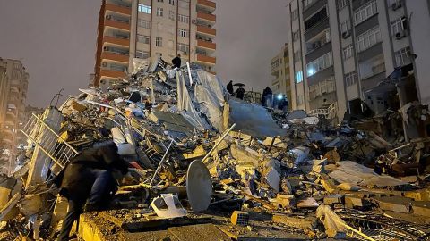 Several buildings were destroyed after a strong earthquake in southern Turkey on February 6, 2023. 