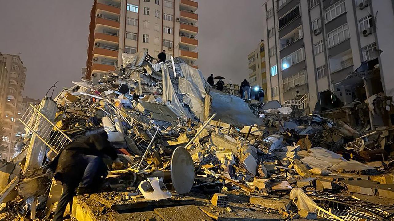 Whole city blocks were destroyed following the powerful earthquake in southern Turkey on February 6, 2023. 