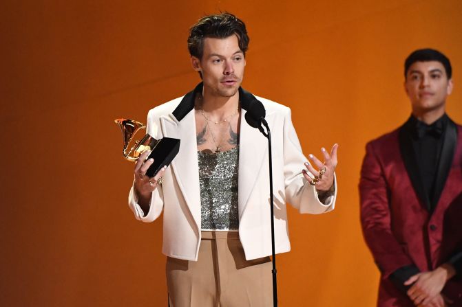 Styles accepts the Grammy for best pop vocal album ("Harry's House"). "This album from start to finish has been the greatest experience of my life," <a href="index.php?page=&url=https%3A%2F%2Fwww.cnn.com%2Fentertainment%2Flive-news%2Fgrammy-awards-2023%2Fh_54c27e9baee866790103305e6618ba1a" target="_blank">the entertainer said</a>.