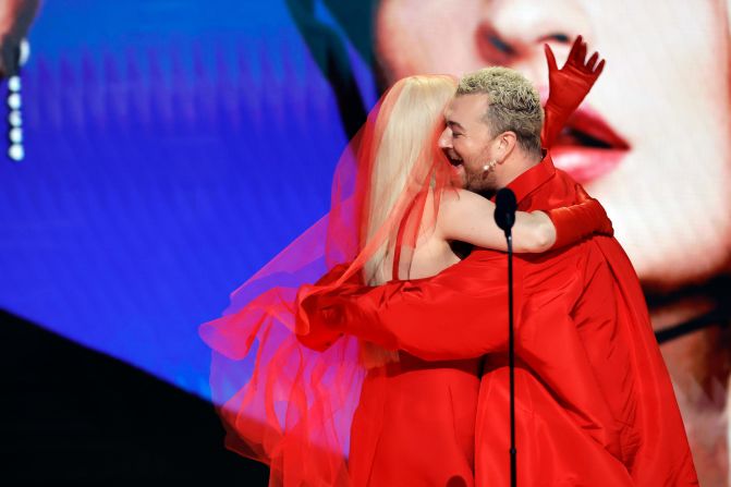 Smith and Kim Petras celebrate after winning the Grammy for best pop duo or group performance ("Unholy"). Petras, who is transgender, <a href="index.php?page=&url=https%3A%2F%2Fwww.cnn.com%2Fentertainment%2Flive-news%2Fgrammy-awards-2023%2Fh_6eef4b282b438d089ac302afa2103816" target="_blank">gave the acceptance speech on the duo's behalf</a>. She thanked "all the transgender legends before me who kicked these doors open for me."