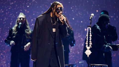 Quavo performs onstage at the Grammys in tribure to Takeoff and other recording artists who died in the past year.