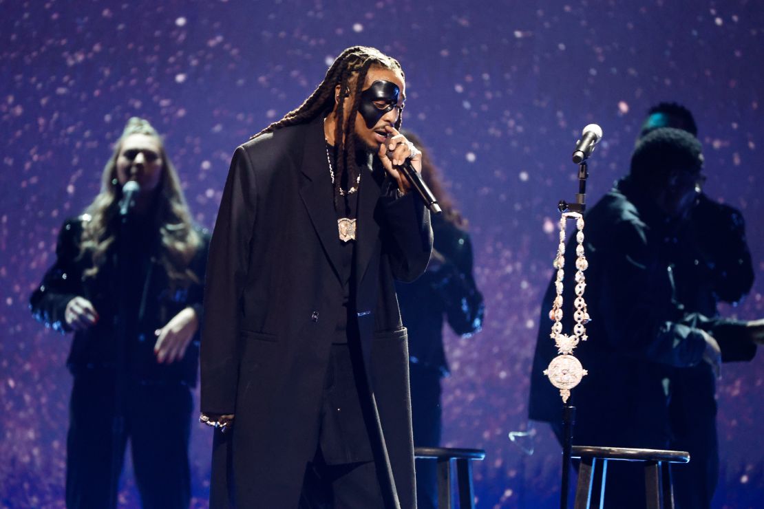 Quavo performs onstage at the Grammys in tribure to Takeoff and other recording artists who died in the past year.